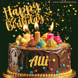 A delightful chocolate birthday cake with bright candles and 'Happy Birthday Alli' written in gold amidst a shower of animated stars.