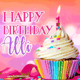 A vibrant birthday GIF featuring a rainbow-colored cupcake topped with white frosting, sprinkles, and a lit candle. The text reads 'Happy Birthday Alli' in bold pink and violet letters with white outline.