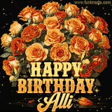 Animated bouquet of orange roses with moving butterfles and golden 'Happy Birthday Alli' text, surrounded by sparkling accents and a dark backdrop for a luxurious feel.