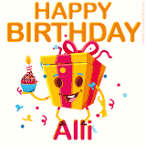 A vibrant and funny gift box character with a happy face dancing with a cupcake and the text 'Happy Birthday Alli,' surrounded by animated confetti and party vibes.