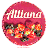 Beautifully decorated red velvet berry birthday cake with vibrant fruits and a glowing 'Alliana' name, adding a touch of sweetness and sparkle.