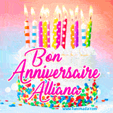 A white birthday cake covered in colorful sprinkles, topped with bright candles, and French text 'Bon Anniversaire Alliana' on a pastel gradient background in an animated GIF.