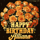 Animated bouquet of orange roses with moving butterfles and golden 'Happy Birthday Alliana' text, surrounded by sparkling accents and a dark backdrop for a luxurious feel.