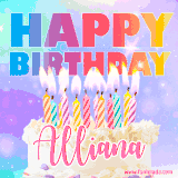 A vibrant animated name GIF with the words 'Happy Birthday Alliana' with colorful candles on a creamy cake. The background sparkles with pastel shades, adding a festive touch.