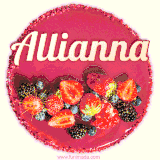 Beautifully decorated red velvet berry birthday cake with vibrant fruits and a glowing 'Allianna' name, adding a touch of sweetness and sparkle.