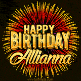 Golden 'Happy Birthday Allianna' text accompanied by animated rainbow fireworks for a festive animated greeting.