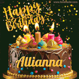 A delightful chocolate birthday cake with bright candles and 'Happy Birthday Allianna' written in gold amidst a shower of animated stars.
