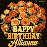 Animated bouquet of orange roses with moving butterfles and golden 'Happy Birthday Allianna' text, surrounded by sparkling accents and a dark backdrop for a luxurious feel.