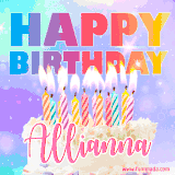 A vibrant animated name GIF with the words 'Happy Birthday Allianna' with colorful candles on a creamy cake. The background sparkles with pastel shades, adding a festive touch.