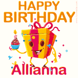 A vibrant and funny gift box character with a happy face dancing with a cupcake and the text 'Happy Birthday Allianna,' surrounded by animated confetti and party vibes.