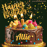 A delightful chocolate birthday cake with bright candles and 'Happy Birthday Allie' written in gold amidst a shower of animated stars.