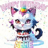 Adorable party-themed animated cat next to a lit birthday cake with text that says 'Happy Birthday Allie,' surrounded by colorful decorations and sparkles.