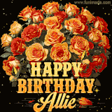 Animated bouquet of orange roses with moving butterfles and golden 'Happy Birthday Allie' text, surrounded by sparkling accents and a dark backdrop for a luxurious feel.