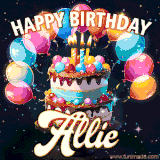 Bright birthday animation for Allie with a chocolate cake, candles, balloons, and glowing celebratory lights.