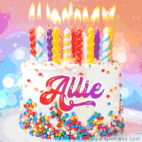 A cheerful white birthday cake with multicolor sprinkles, lit candles, and 'Allie' written in vibrant letters, in an animated GIF.