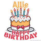 Cartoon birthday cake with a red bow, glowing candles, and 'Allie Happy Birthday' text in bold animated style.