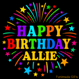 Personalized greeting card with name, colorful text that says 'Happy Birthday Allie' surrounded by animated fireworks and multicolor stars