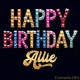 Vibrant luxury birthday greeting card for Allie, showing glittering gemstone letters and golden calligraphy on a dark background with twinkling shine effects.