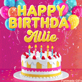 Pink-themed animated greeting with balloons, confetti, and a frosted cake under the message 'Happy Birthday Allie' in bold rounded yellow font.