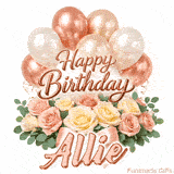 Pastel metallic balloons and rose bouquet Happy Birthday Allie GIF