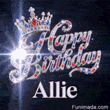 An animated birthday card with a sparkly silver tiara and colorful gemstones, custom-made for Allie.