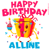 A vibrant and funny gift box character with a happy face dancing with a cupcake and the text 'Happy Birthday Alline,' surrounded by animated confetti and party vibes.