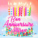 A white birthday cake covered in colorful sprinkles, topped with bright candles, and French text 'Bon Anniversaire Allison' on a pastel gradient background in an animated GIF.
