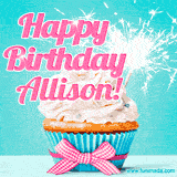 A festive cupcake with pink icing, a gingham bow, and a lit animated sparkler, paired with 'Happy Birthday Allison!' in bright pink text.
