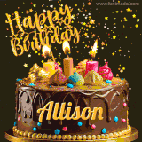 A delightful chocolate birthday cake with bright candles and 'Happy Birthday Allison' written in gold amidst a shower of animated stars.