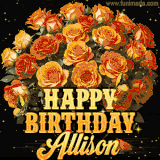 Animated bouquet of orange roses with moving butterfles and golden 'Happy Birthday Allison' text, surrounded by sparkling accents and a dark backdrop for a luxurious feel.