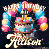 Bright birthday animation for Allison with a chocolate cake, candles, balloons, and glowing celebratory lights.