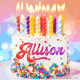 A cheerful white birthday cake with multicolor sprinkles, lit candles, and 'Allison' written in vibrant letters, in an animated GIF.