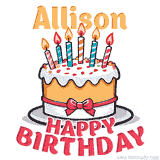 Cartoon birthday cake with a red bow, glowing candles, and 'Allison Happy Birthday' text in bold animated style.