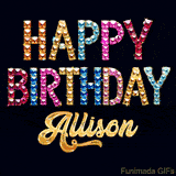 Vibrant luxury birthday greeting card for Allison, showing glittering gemstone letters and golden calligraphy on a dark background with twinkling shine effects.