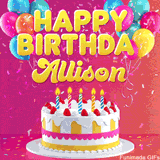 Pink-themed animated greeting with balloons, confetti, and a frosted cake under the message 'Happy Birthday Allison' in bold rounded yellow font.