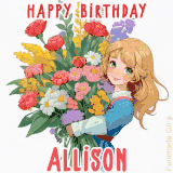 Bright floral birthday animation for Allison showing a cute cartoon girl with golden hair and expressive eyes holding a huge bouquet, surrounded by birthday text.