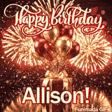 Shimmering birthday animation for Allison featuring metallic balloons, a gold-bowed gift, and fireworks.