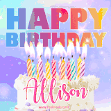 A vibrant animated name GIF with the words 'Happy Birthday Allison' with colorful candles on a creamy cake. The background sparkles with pastel shades, adding a festive touch.