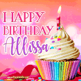 A vibrant birthday GIF featuring a rainbow-colored cupcake topped with white frosting, sprinkles, and a lit candle. The text reads 'Happy Birthday Allissa' in bold pink and violet letters with white outline.
