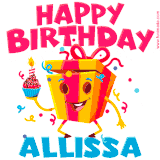 A vibrant and funny gift box character with a happy face dancing with a cupcake and the text 'Happy Birthday Allissa,' surrounded by animated confetti and party vibes.