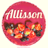 Beautifully decorated red velvet berry birthday cake with vibrant fruits and a glowing 'Allisson' name, adding a touch of sweetness and sparkle.
