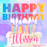 A vibrant animated name GIF with the words 'Happy Birthday Allisson' with colorful candles on a creamy cake. The background sparkles with pastel shades, adding a festive touch.