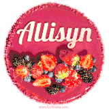 Beautifully decorated red velvet berry birthday cake with vibrant fruits and a glowing 'Allisyn' name, adding a touch of sweetness and sparkle.