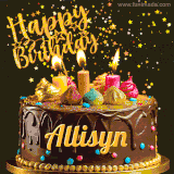 A delightful chocolate birthday cake with bright candles and 'Happy Birthday Allisyn' written in gold amidst a shower of animated stars.