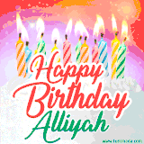 Bright birthday candles with rainbow flames on a cake, alongside the text 'Happy Birthday Alliyah' in vibrant script in this celebratory animated GIF.