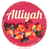 Beautifully decorated red velvet berry birthday cake with vibrant fruits and a glowing 'Alliyah' name, adding a touch of sweetness and sparkle.