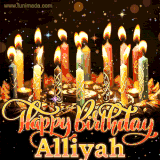 A glowing personalized birthday GIF with name Alliyah featuring lit candles with intricate designs, warm lighting, and the text 'Happy Birthday' in an elegant font.