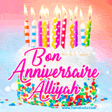 A white birthday cake covered in colorful sprinkles, topped with bright candles, and French text 'Bon Anniversaire Alliyah' on a pastel gradient background in an animated GIF.