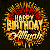 Golden 'Happy Birthday Alliyah' text accompanied by animated rainbow fireworks for a festive animated greeting.