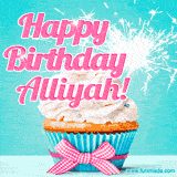 A festive cupcake with pink icing, a gingham bow, and a lit animated sparkler, paired with 'Happy Birthday Alliyah!' in bright pink text.